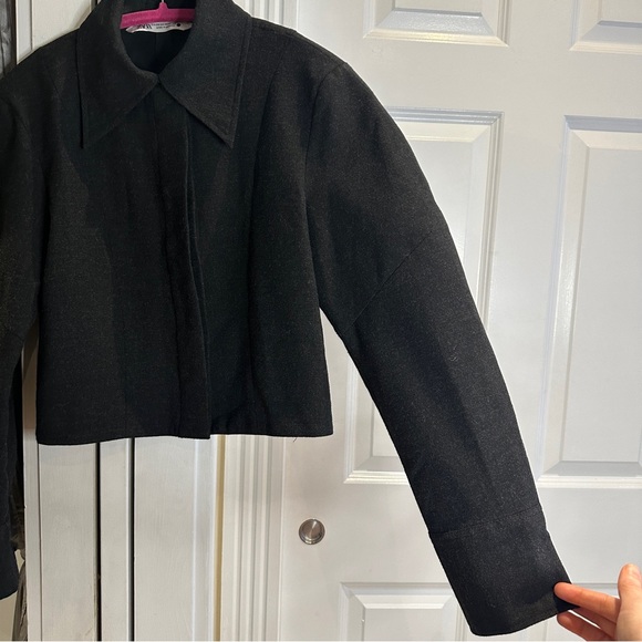 Zara Dark Grey Cropped Button Up Top Balloon Long Sleeve Collared XS Chic Modern - Picture 5 of 9